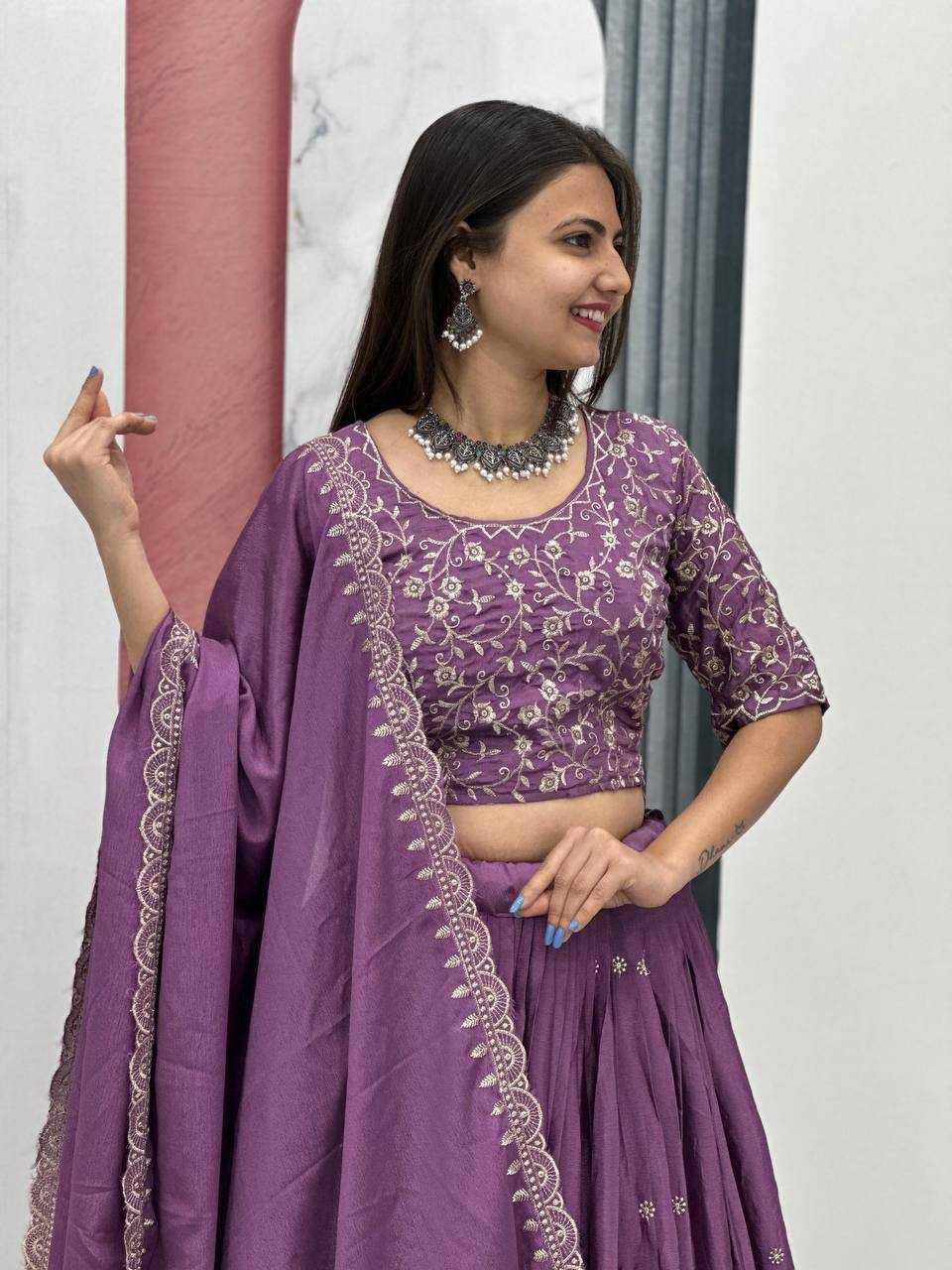 YNF CHINON KESH130 075 LEHENGAS WHOLESALE SILK WEDDING EMBROIDERED PURPLE LEHENGA WITH DUPTTA WEDDING LEHENGAS MANUFACTURER - Deevit International