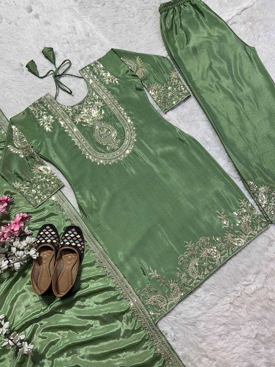 YNF CHINON SILK KESH145 3022 SUITS & DRESSES WHOLESALE SILK EMBROIDERED PALAZZO WEDDING SUITS MANUFACTURER