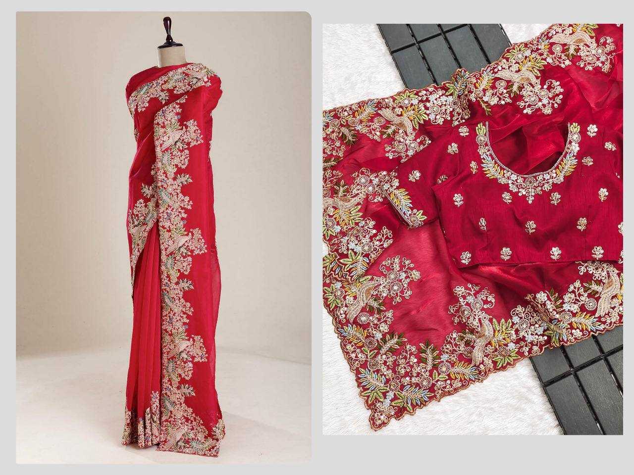 YNF JIMMY CHOO RIN187 665 SAREES WHOLESALE JIMMY CHOO SEQUENCE EMBROIDERED RED SAREES MANUFACTURER