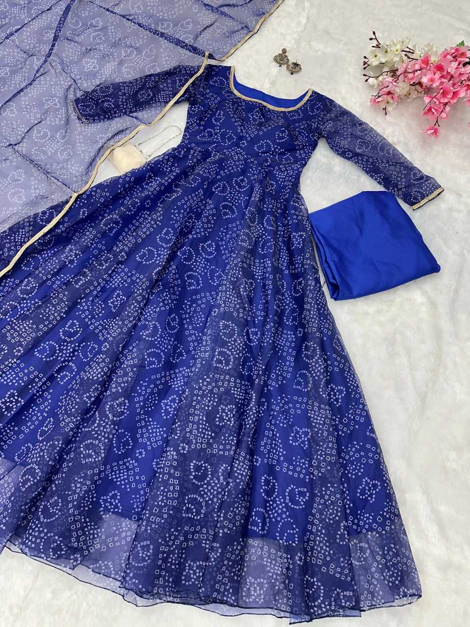 YNF ORGANZA SILK KESH154 155 GOWNS WHOLESALE SILK LONG ANARAKLI BLUE PRINTED GOWNS MANUFACTURER - Deevit International