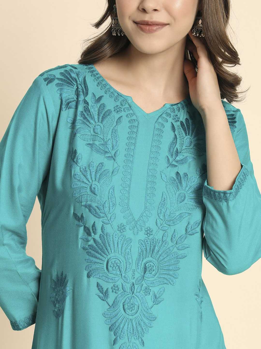 YNF RAYON RIN188 Adipurush KURTIS WHOLESALE LONG RAYON CHIKANKARI KURTIS MANUFACTURER - Deevit International