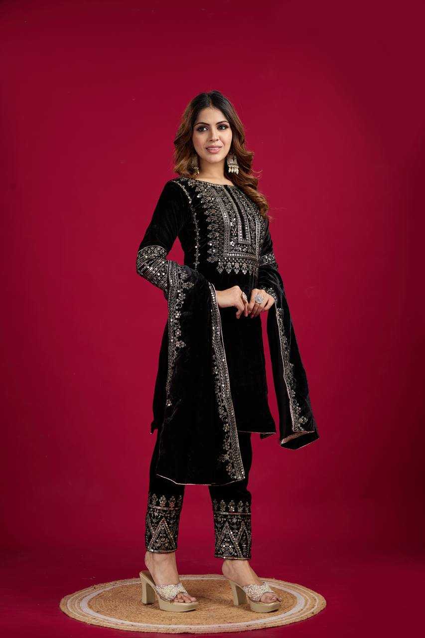 YNF VELVET KESH123 5017 SUITS & DRESSES WHOLESALE VELVET EMBROIDERY LONG KURTI BLACK SUITS MANUFACTURE  - Deevit International