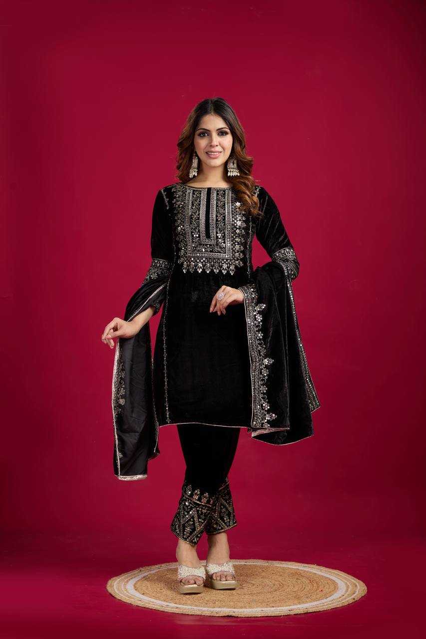 YNF VELVET KESH123 5017 SUITS & DRESSES WHOLESALE VELVET EMBROIDERY LONG KURTI BLACK SUITS MANUFACTURE  - Deevit International