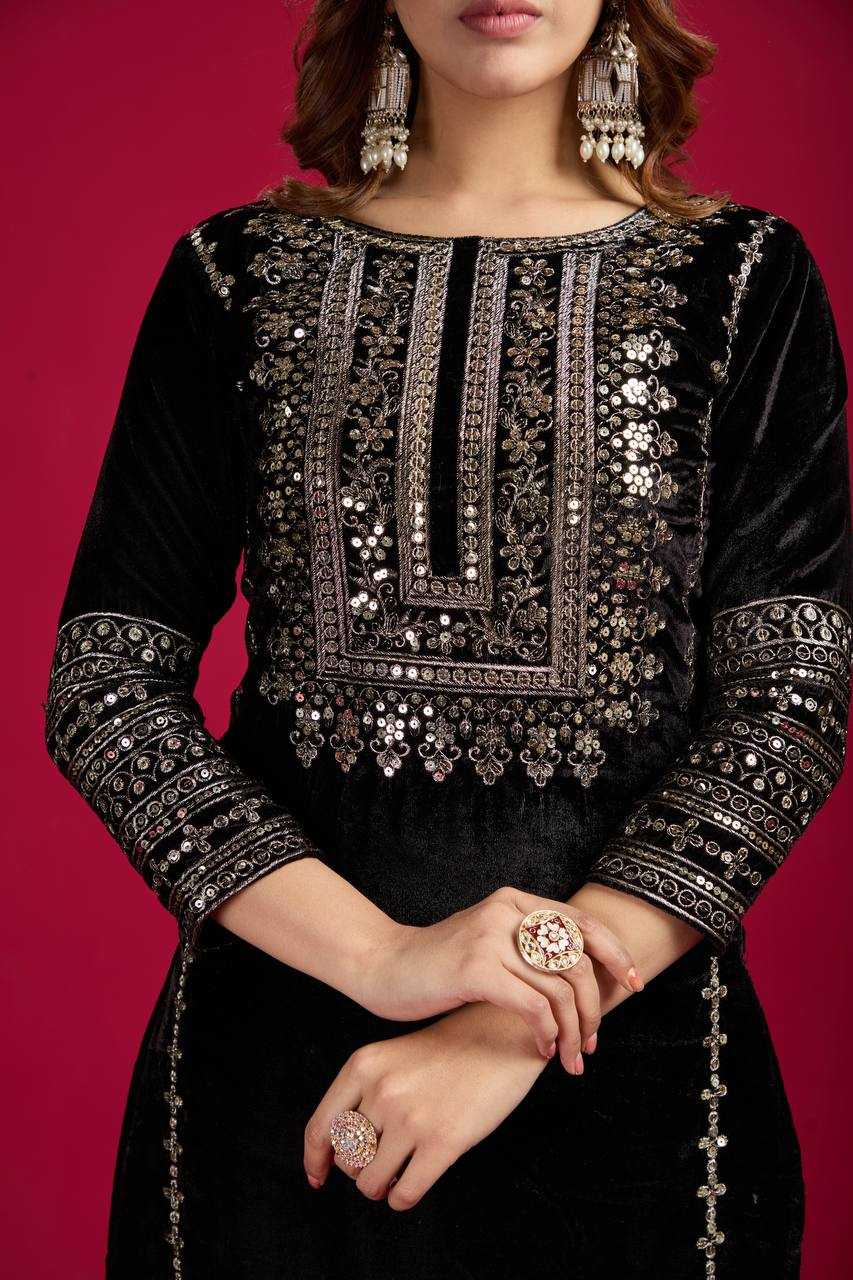 YNF VELVET KESH123 5017 SUITS & DRESSES WHOLESALE VELVET EMBROIDERY LONG KURTI BLACK SUITS MANUFACTURE  - Deevit International