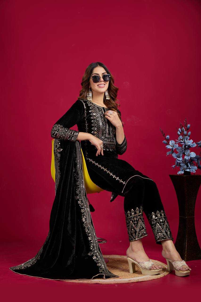 YNF VELVET KESH123 5017 SUITS & DRESSES WHOLESALE VELVET EMBROIDERY LONG KURTI BLACK SUITS MANUFACTURE  - Deevit International