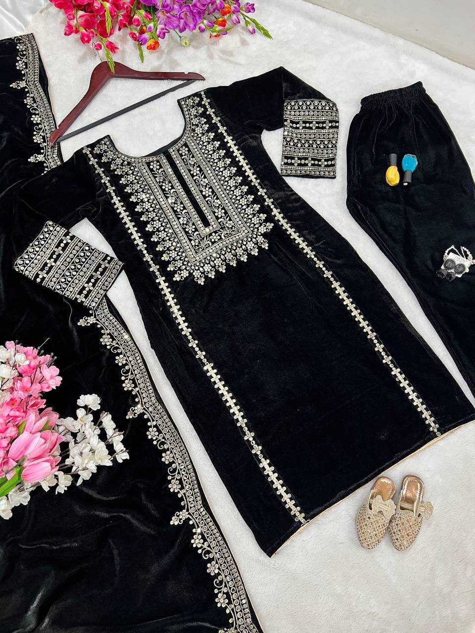 YNF VELVET KESH123 5017 SUITS & DRESSES WHOLESALE VELVET EMBROIDERY LONG KURTI BLACK SUITS MANUFACTURE  - Deevit International