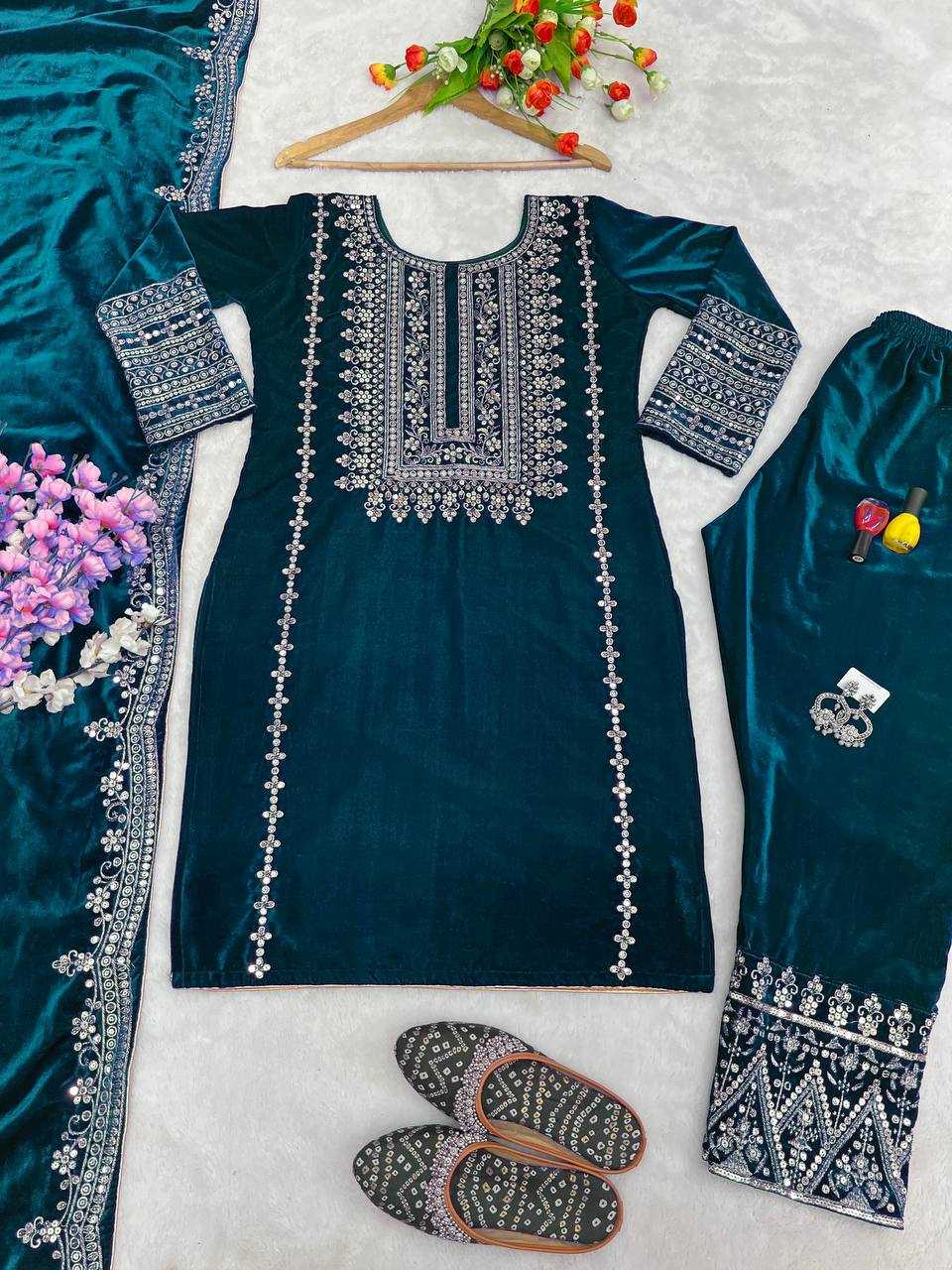 YNF VELVET KESH123 5017 SUITS & DRESSES WHOLESALE VELVET EMBROIDERY LONG KURTI BLACK SUITS MANUFACTURE  - Deevit International