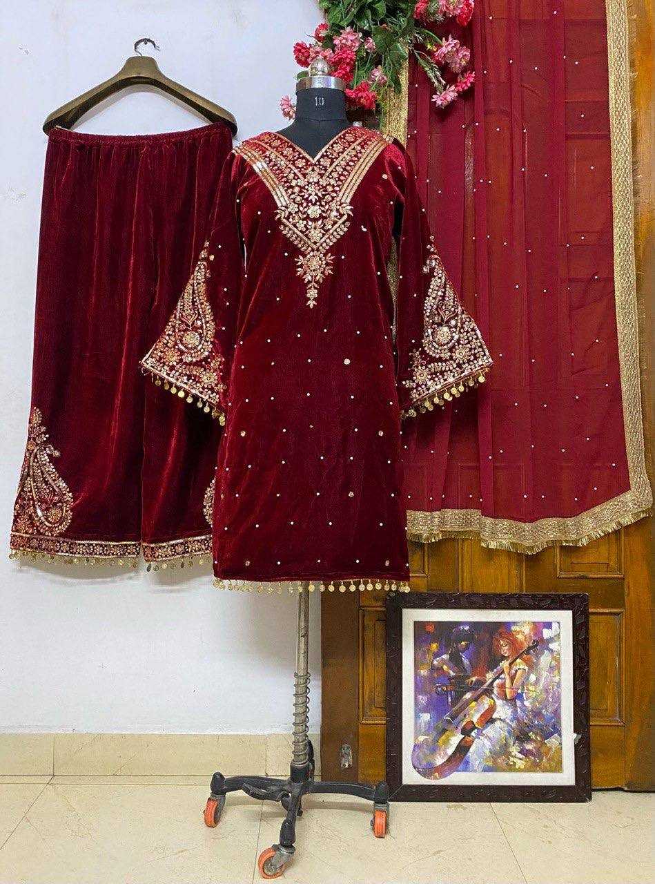 YNF VELVET KESH149 1158 SUITS & DRESSES WHOLESALE KASHMIRI VELVET EMBROIDERED PALAZZO LADIES SILK SUITS MANUFACTURER