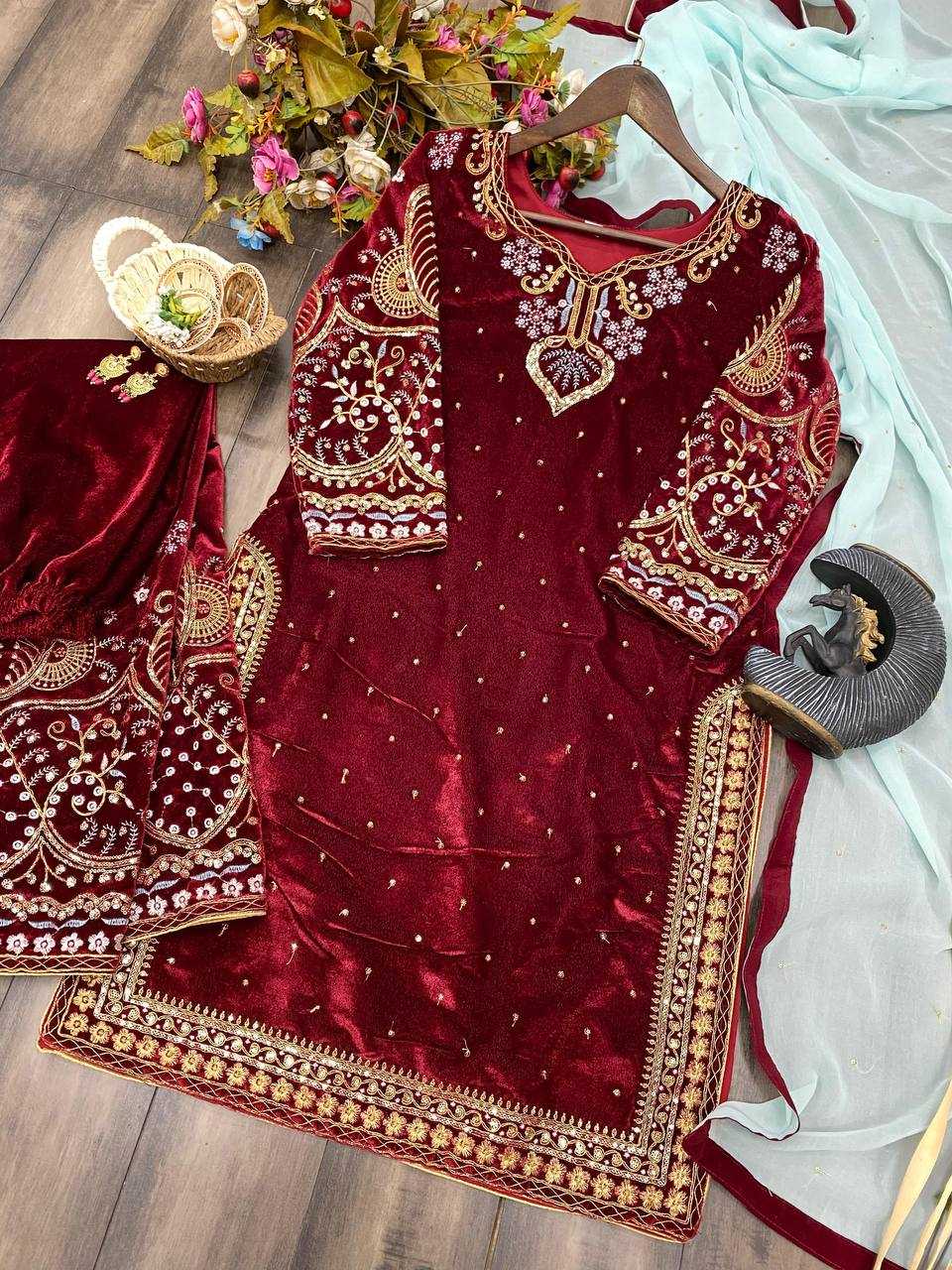 YNF VELVET RIN110 189 SUITS & DRESSES WHOLESALE VELVET EMBROIDERED PARTY WEAR PALAZZO SUITS MANUFACTURER