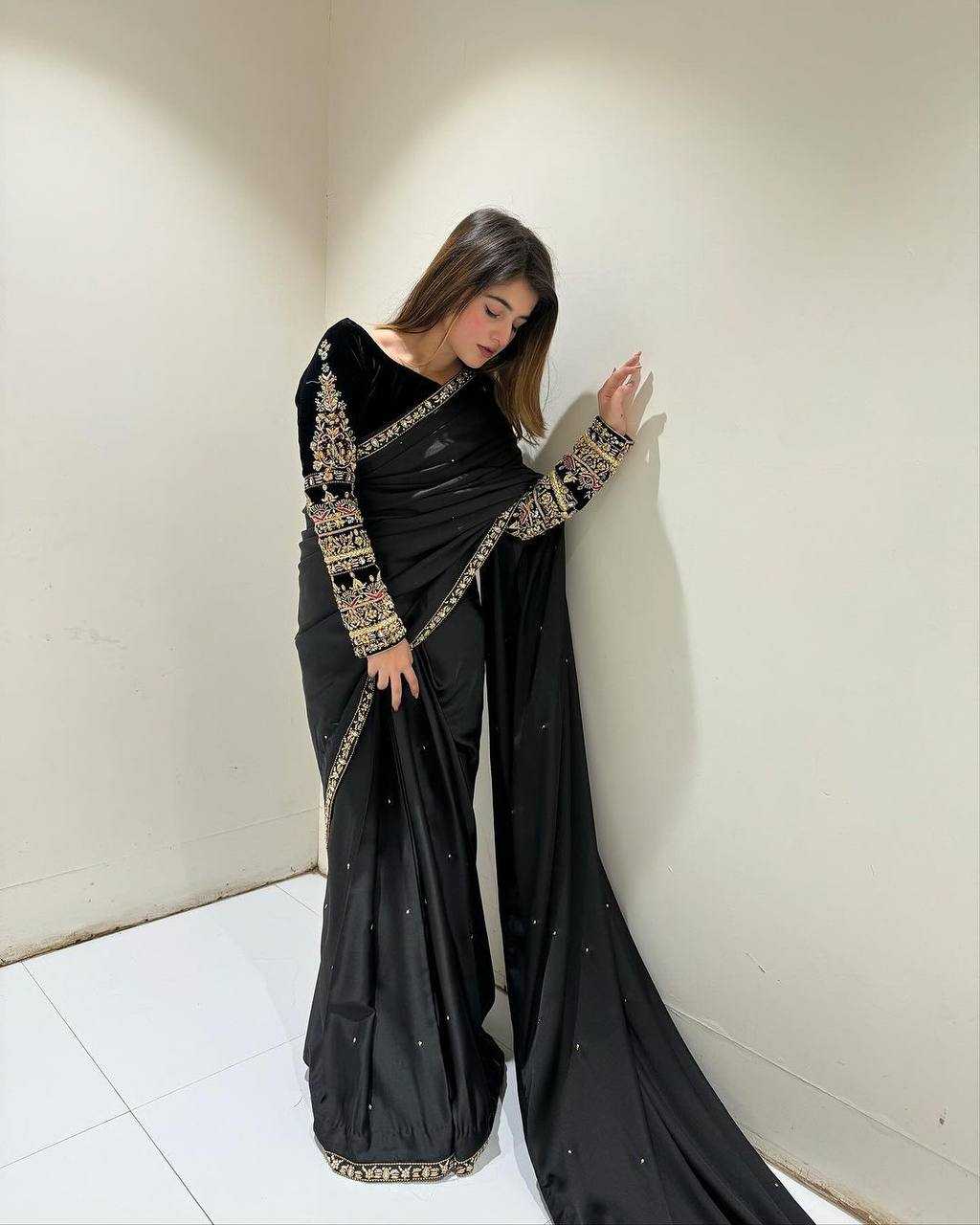 YNF VELVET RIN181 403 SAREES WHOLESALE PARTY WEAR VELVET EMBROIDERED BLACK SAREES MANUFACTURER