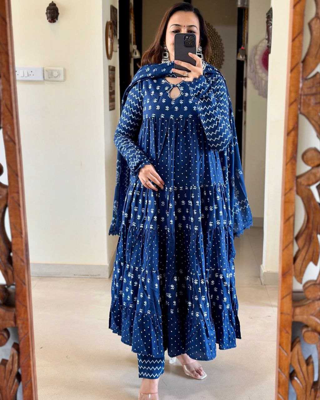 YNF BLUE KESH120 HAND KHATLI Work SUITS & DRESSES WHOLESALE PRINTED COTTON ANARKALI BLUE SUITS MANUFACTURE - Deevit International