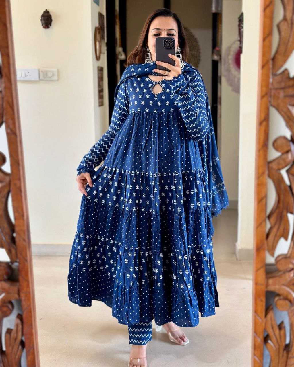 YNF BLUE KESH120 HAND KHATLI Work SUITS & DRESSES WHOLESALE PRINTED COTTON ANARKALI BLUE SUITS MANUFACTURE - Deevit International