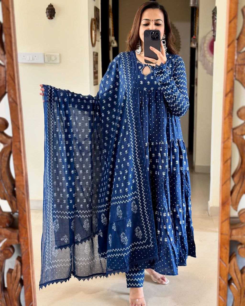 YNF BLUE KESH120 HAND KHATLI Work SUITS & DRESSES WHOLESALE PRINTED COTTON ANARKALI BLUE SUITS MANUFACTURE - Deevit International