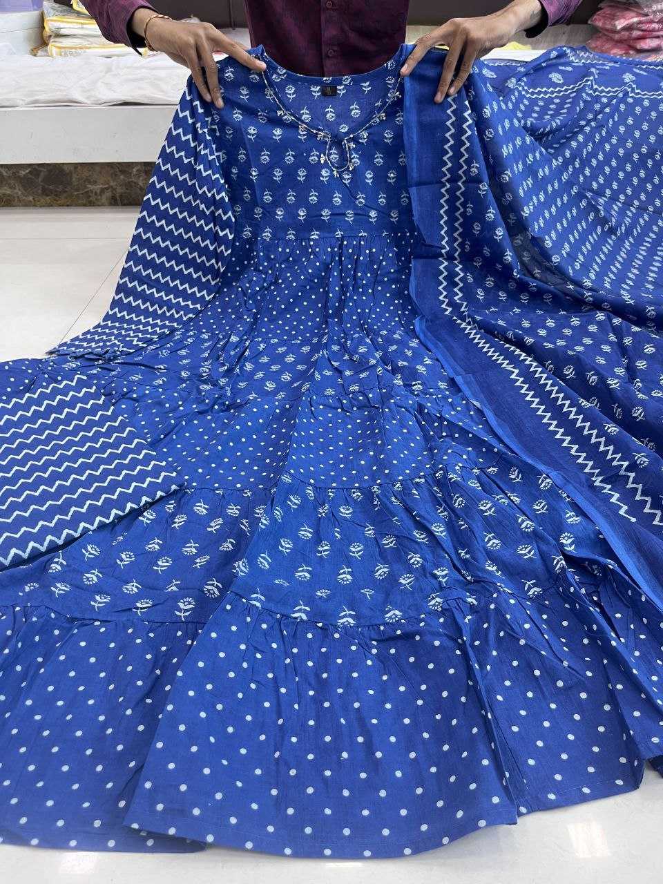 YNF BLUE KESH120 HAND KHATLI Work SUITS & DRESSES WHOLESALE PRINTED COTTON ANARKALI BLUE SUITS MANUFACTURE - Deevit International