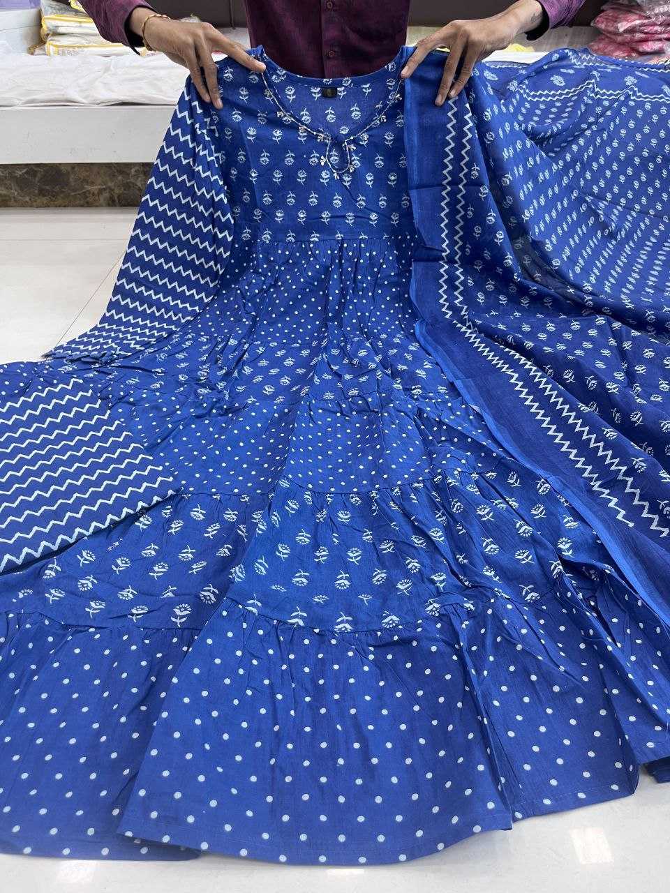 YNF BLUE KESH120 HAND KHATLI Work SUITS & DRESSES WHOLESALE PRINTED COTTON ANARKALI BLUE SUITS MANUFACTURE - Deevit International