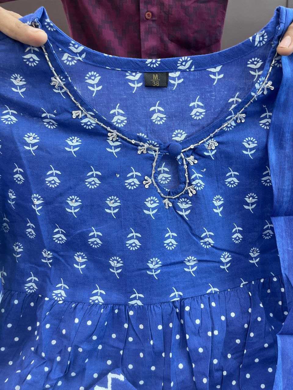 YNF BLUE KESH120 HAND KHATLI Work SUITS & DRESSES WHOLESALE PRINTED COTTON ANARKALI BLUE SUITS MANUFACTURE - Deevit International