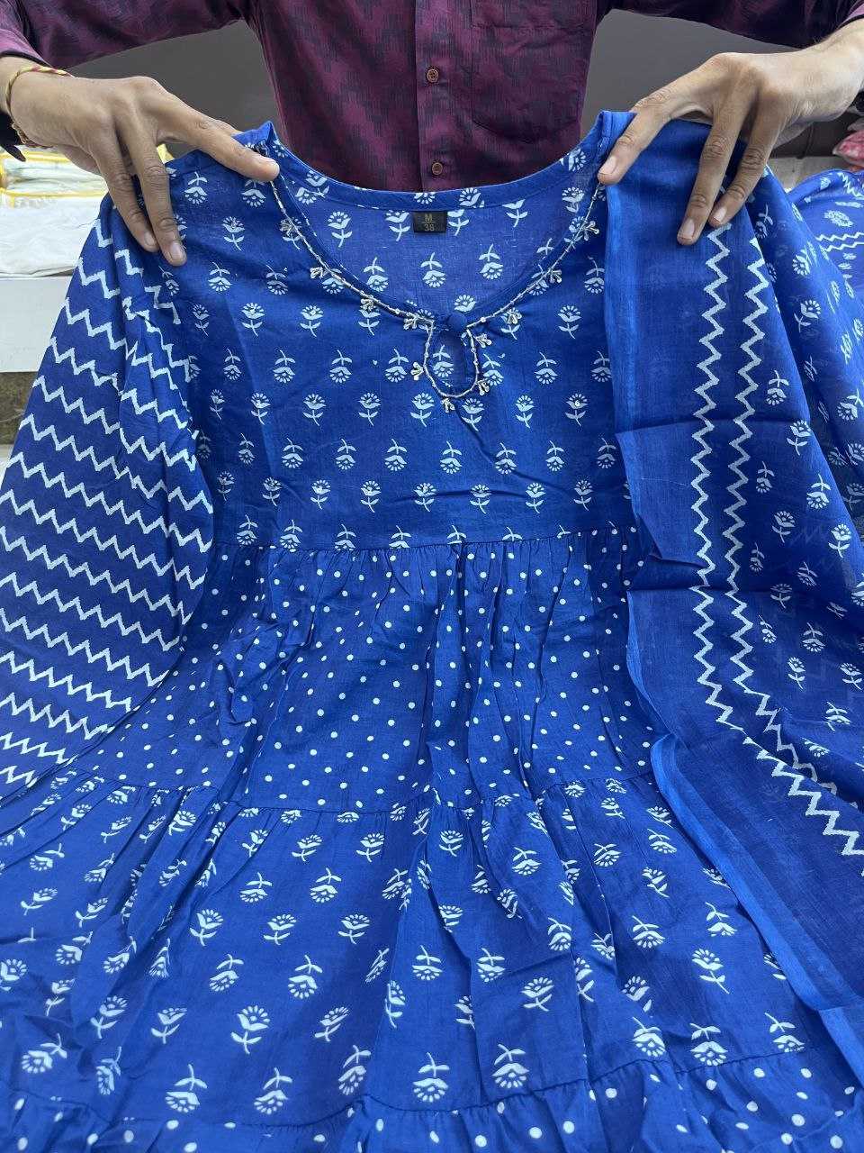 YNF BLUE KESH120 HAND KHATLI Work SUITS & DRESSES WHOLESALE PRINTED COTTON ANARKALI BLUE SUITS MANUFACTURE - Deevit International