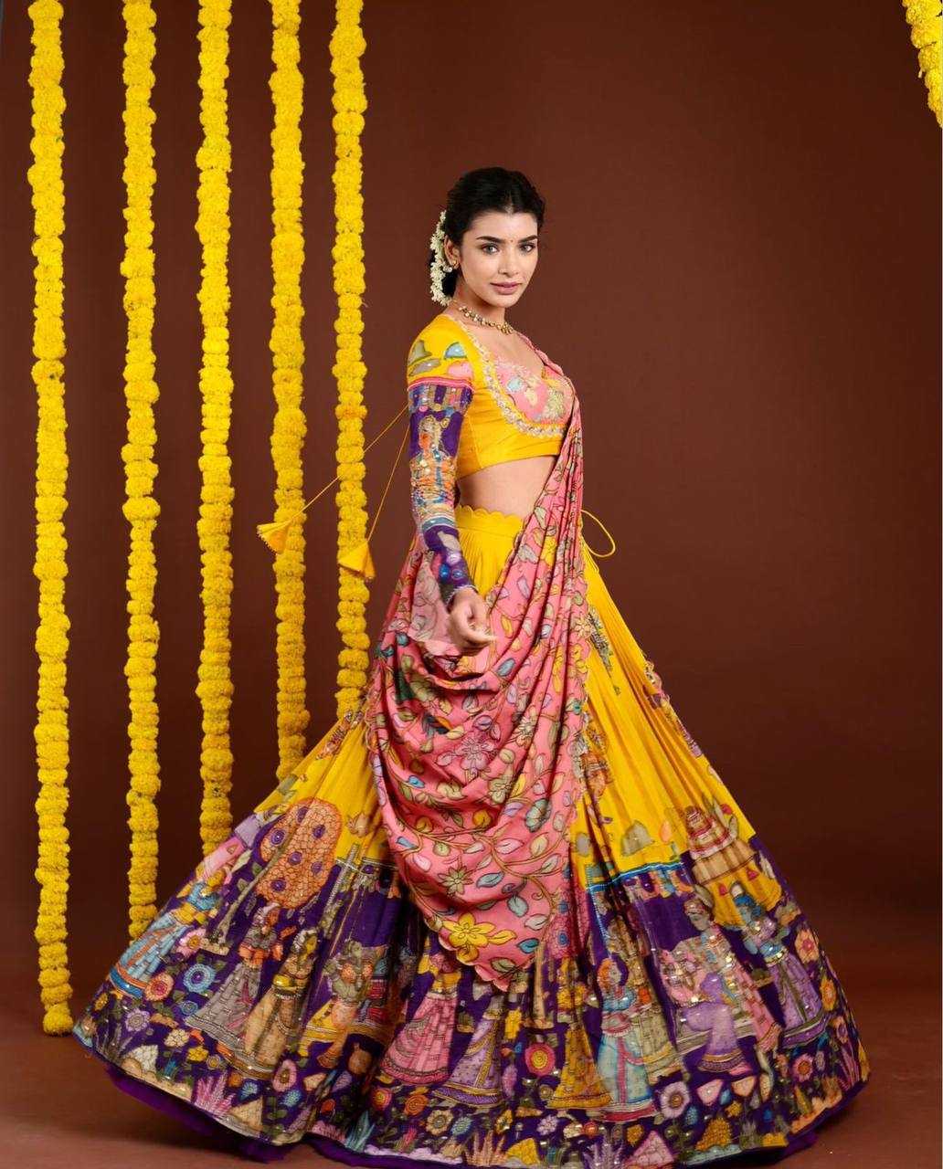 YNF CHENT CREPE KESH119 462 LEHENGAS WHOLESALE KALAMAKRI TRADITIONAL PRINTED LEHENGAS MANUFACTURER - Deevit International