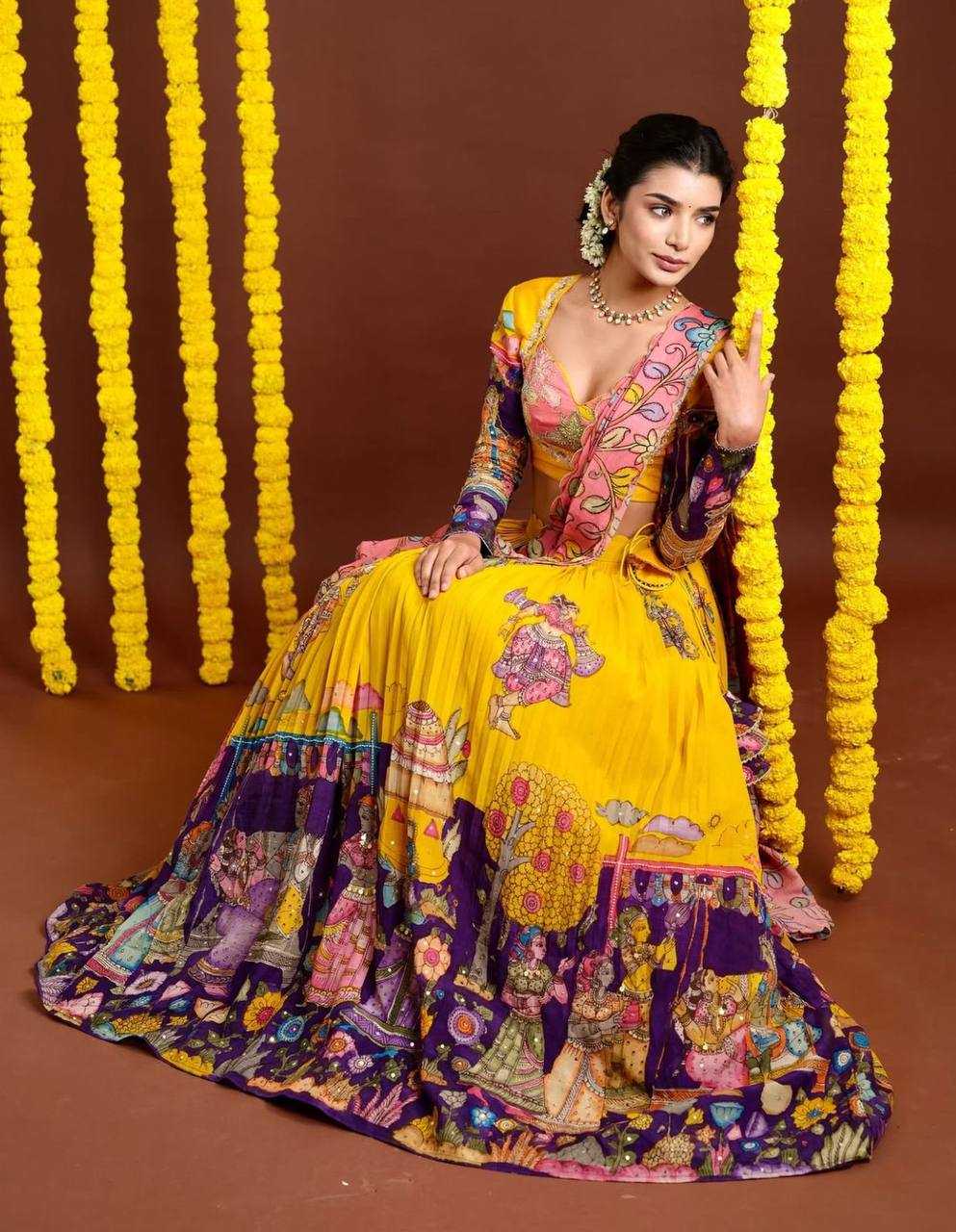 YNF CHENT CREPE KESH119 462 LEHENGAS WHOLESALE KALAMAKRI TRADITIONAL PRINTED LEHENGAS MANUFACTURER - Deevit International