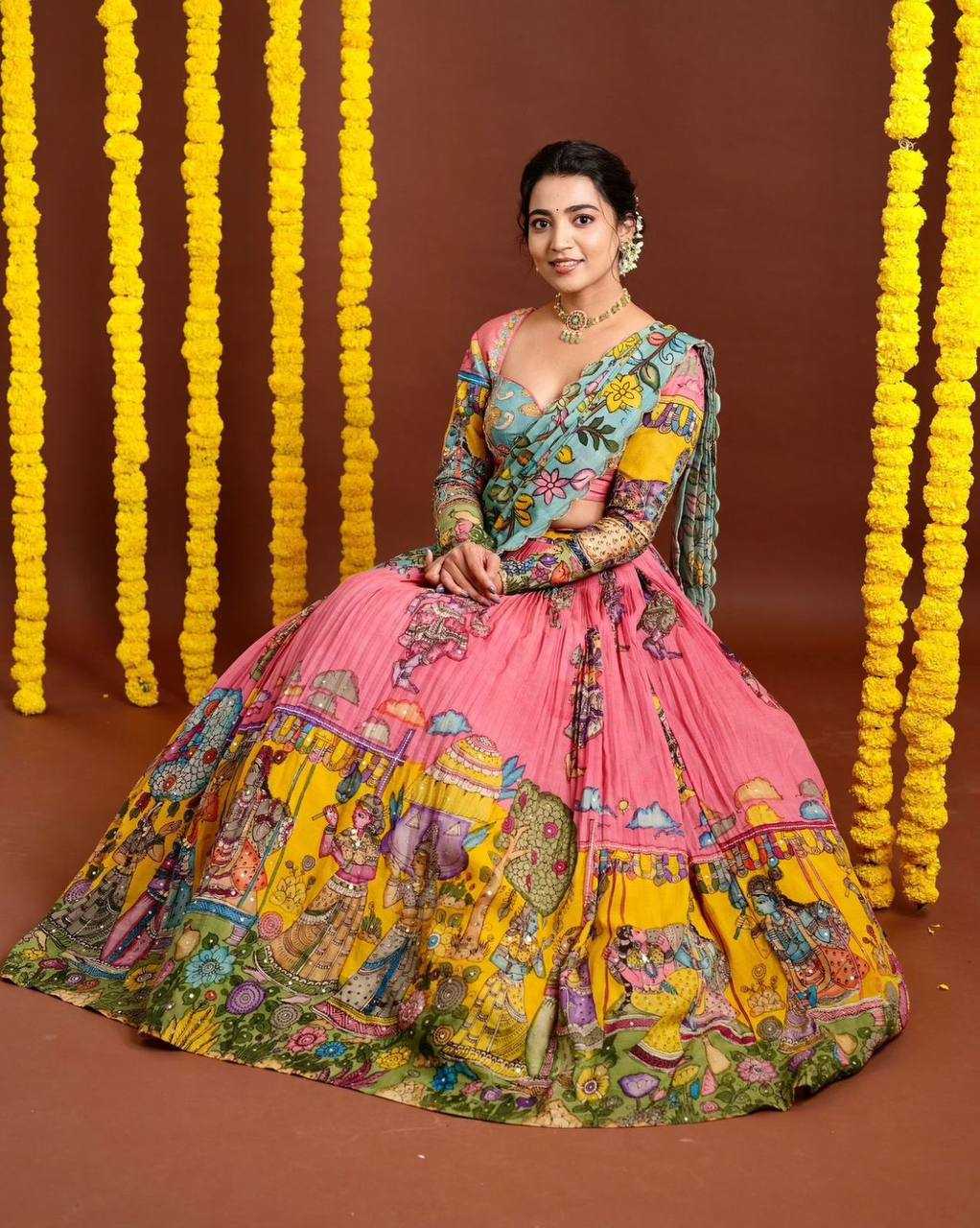 YNF CHENT CREPE KESH119 462 LEHENGAS WHOLESALE KALAMAKRI TRADITIONAL PRINTED LEHENGAS MANUFACTURER - Deevit International