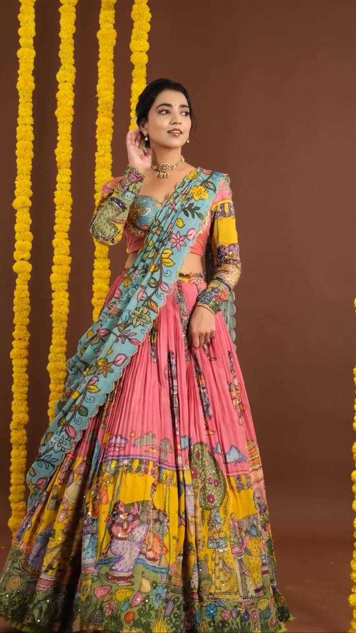 YNF CHENT CREPE KESH119 462 LEHENGAS WHOLESALE KALAMAKRI TRADITIONAL PRINTED LEHENGAS MANUFACTURER - Deevit International