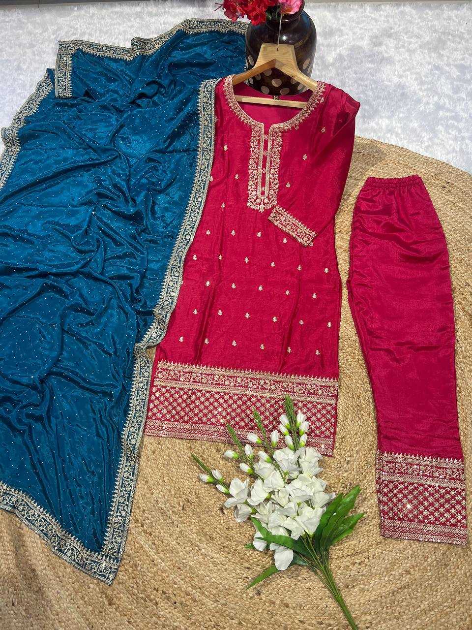 YNF CHINON KESH164 G76 SUITS & DRESSES WHOLESALE EMBROIDERED PARTY WEAR SILK LONG KURTI RED SUITS MANUFACTURE - Deevit International