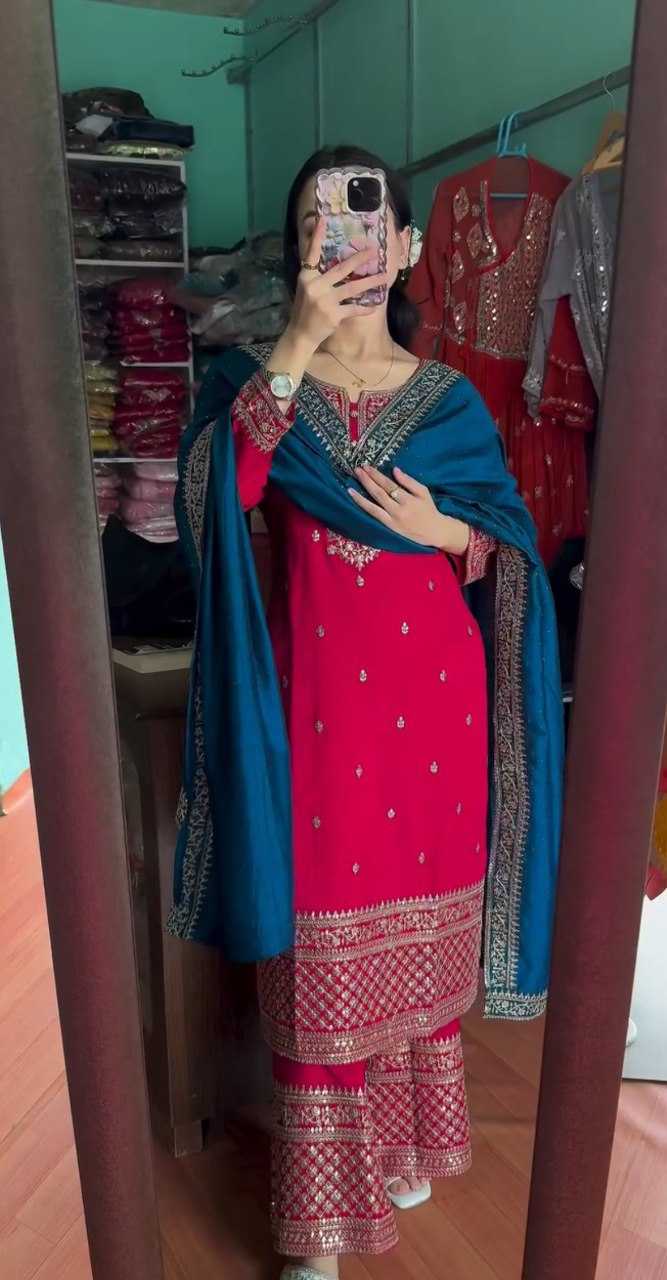 YNF CHINON KESH164 G76 SUITS & DRESSES WHOLESALE EMBROIDERED PARTY WEAR SILK LONG KURTI RED SUITS MANUFACTURE - Deevit International