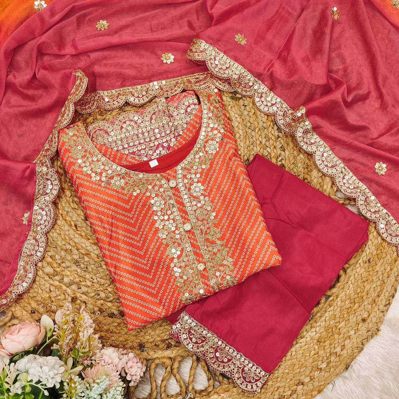 YNF CHINON KESH211 LDY112 SUITS & DRESSES WHOLESALE EMBROPIDERY PRINTED BANDHANI WEDDING SUITS MANUFACTURE - Deevit International