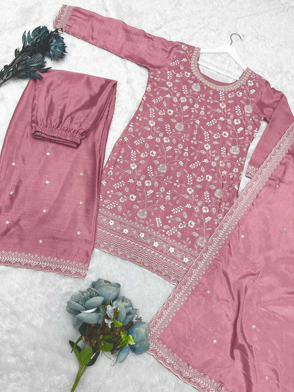 YNF CHINON SILK KESH157 1667 SUITS & DRESSES WHOLESALE EMBROIDERY PALAZZO LADIES SILK WEDDING SUITS MANUFACTURER - Deevit International