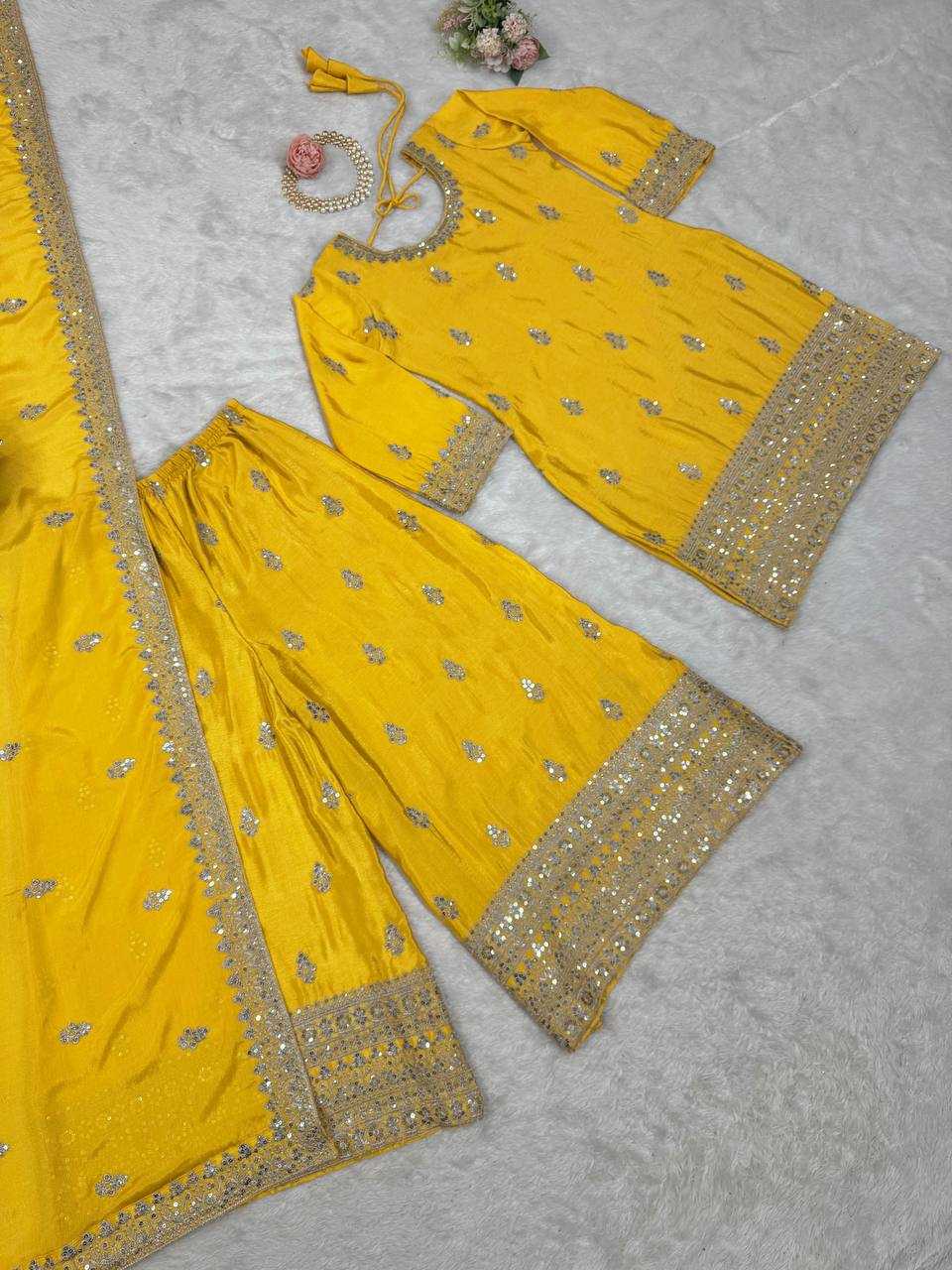 YNF CHINON SILK RIN169 5784 SUITS & DRESSES WHOLESALE EMBROIDEREY WEDDING PALAZOO SILK SUITS MANUFACTURE - Deevit International