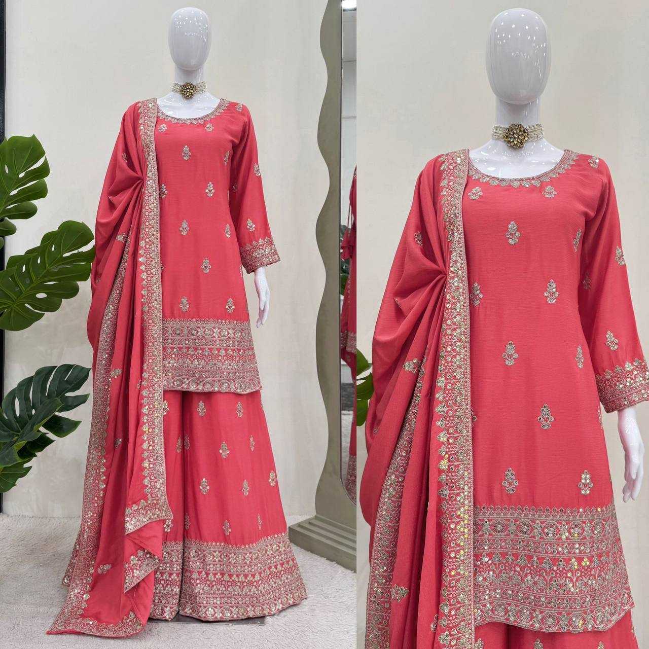 YNF CHINON SILK RIN169 5784 SUITS & DRESSES WHOLESALE EMBROIDEREY WEDDING PALAZOO SILK SUITS MANUFACTURE - Deevit International