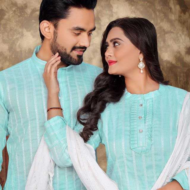 YNF COTTON RIN191 Madhu-Baala COUPLE WEAR WHOLESALE MENS KURTA PAYJAM & FEMALE KURTIS BOTTOM MANUFACTURER - Deevit International