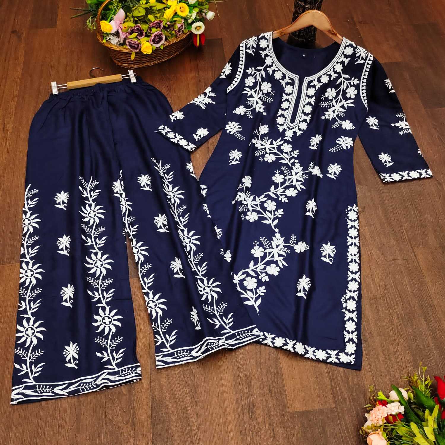 YNF RAYON KESH243 1040 KURTIS WHOLESALE RAYON EMBROIDERED CHIKANKARI KURTI WITH PALAZZO KURTIS MANUFACTURER - Deevit International