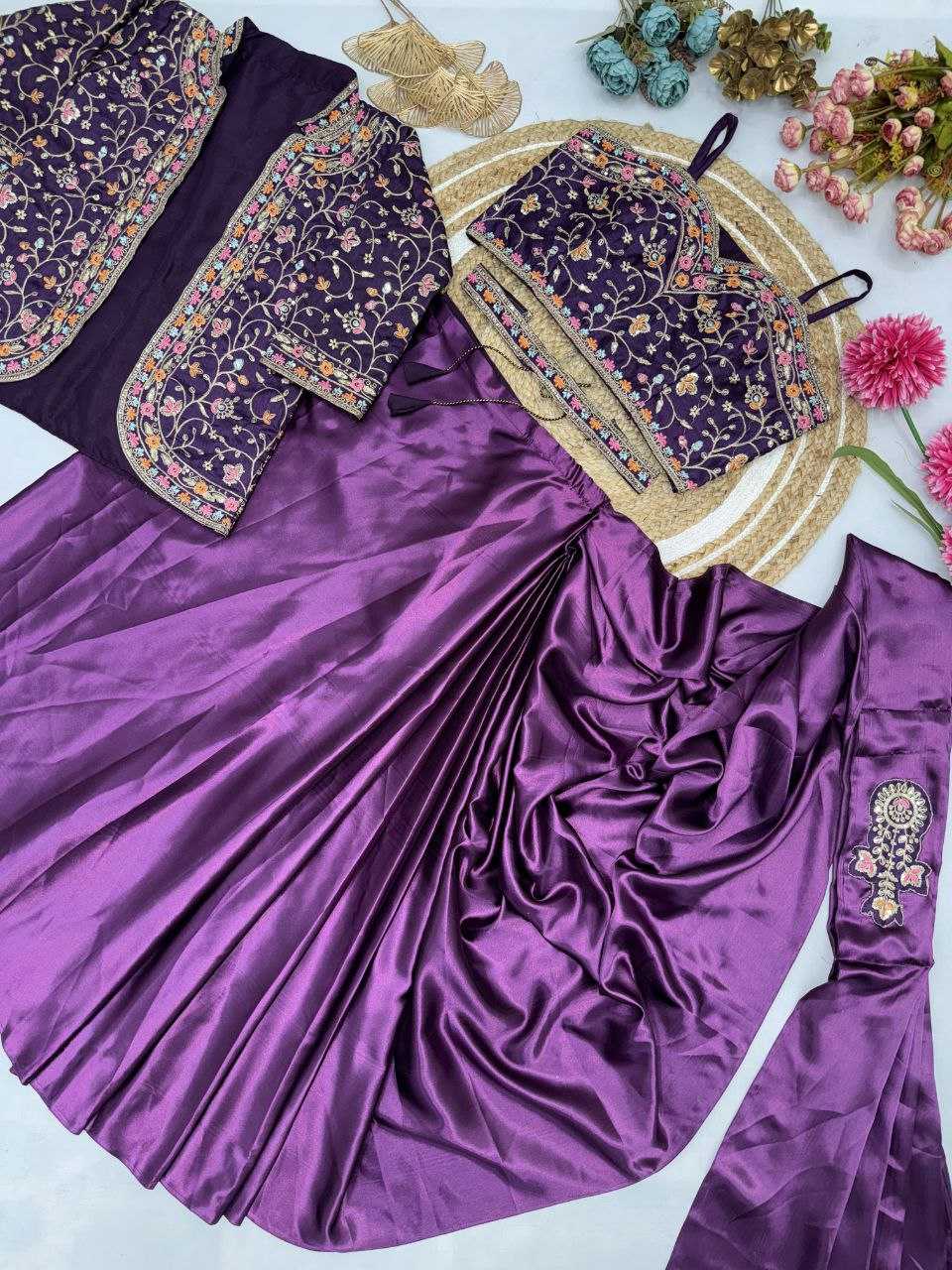 YNF SETIN SILK SAREES KESH188 9243 WHOLESALE READY TO WEAR PRINTED RUFFLE FANCY SAREES WITH BELT AND JACKET MANUFACTURER - Deevit International