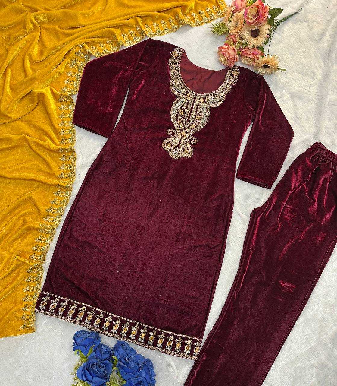 YNF VELEVT KESH147 234 SUITS & DRESSES WHOLESALE VELVET PARTY WEAR EMBROIDERY SUITS MANUFACTURE - Deevit International