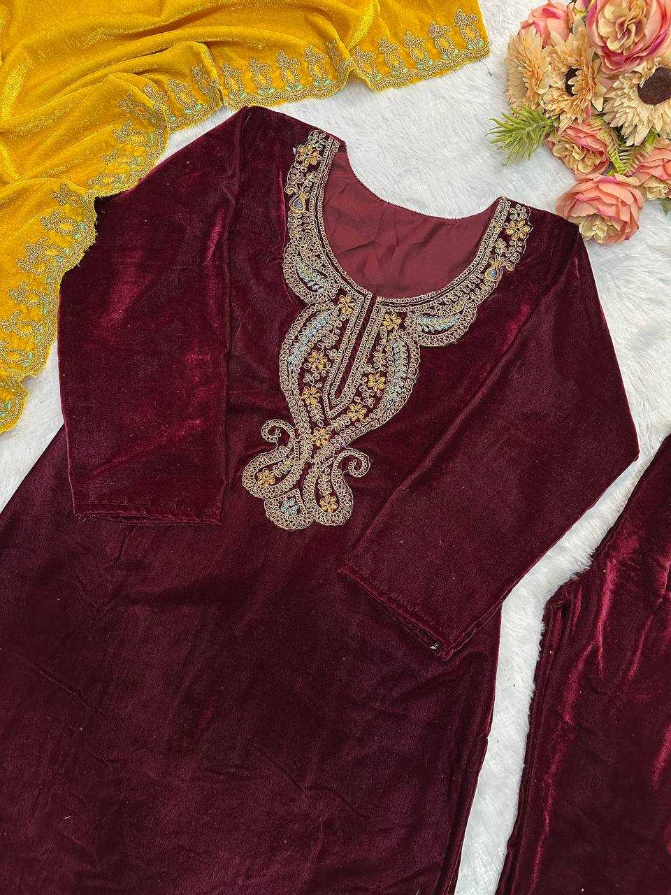 YNF VELEVT KESH147 234 SUITS & DRESSES WHOLESALE VELVET PARTY WEAR EMBROIDERY SUITS MANUFACTURE - Deevit International