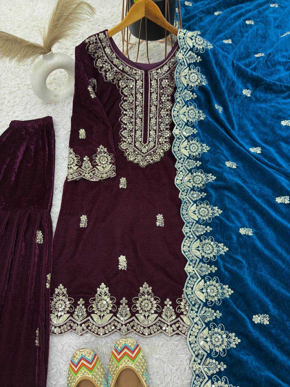 YNF VELVET KESH123 5212 SUITS & DRESSES WHOLESALE EMBROIDEREY WEDDING SHARARA SALWAR VELVET SUITS MANUFACTURE - Deevit International