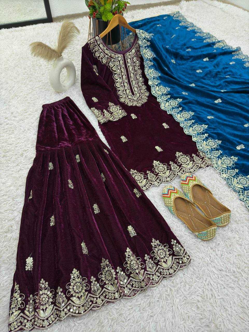 YNF VELVET KESH123 5212 SUITS & DRESSES WHOLESALE EMBROIDEREY WEDDING SHARARA SALWAR VELVET SUITS MANUFACTURE - Deevit International