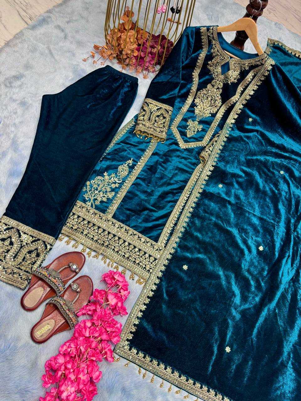 YNF VELVET KESH141 1072 SUITS & DRESSES WHOLESALE VELVET EMBROIDERY FLOOR LENGTH LONG KURTI SUITS MANUFACTURE - Deevit International