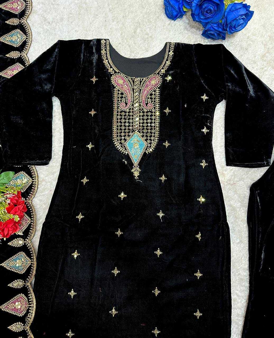 YNF VELVET KESH147 229 SUITS & DRESSES WHOLESALE VELVET EMBROIDERY BLACK SALWAR LONG KURTI SUITS MANUFACTURE - Deevit International