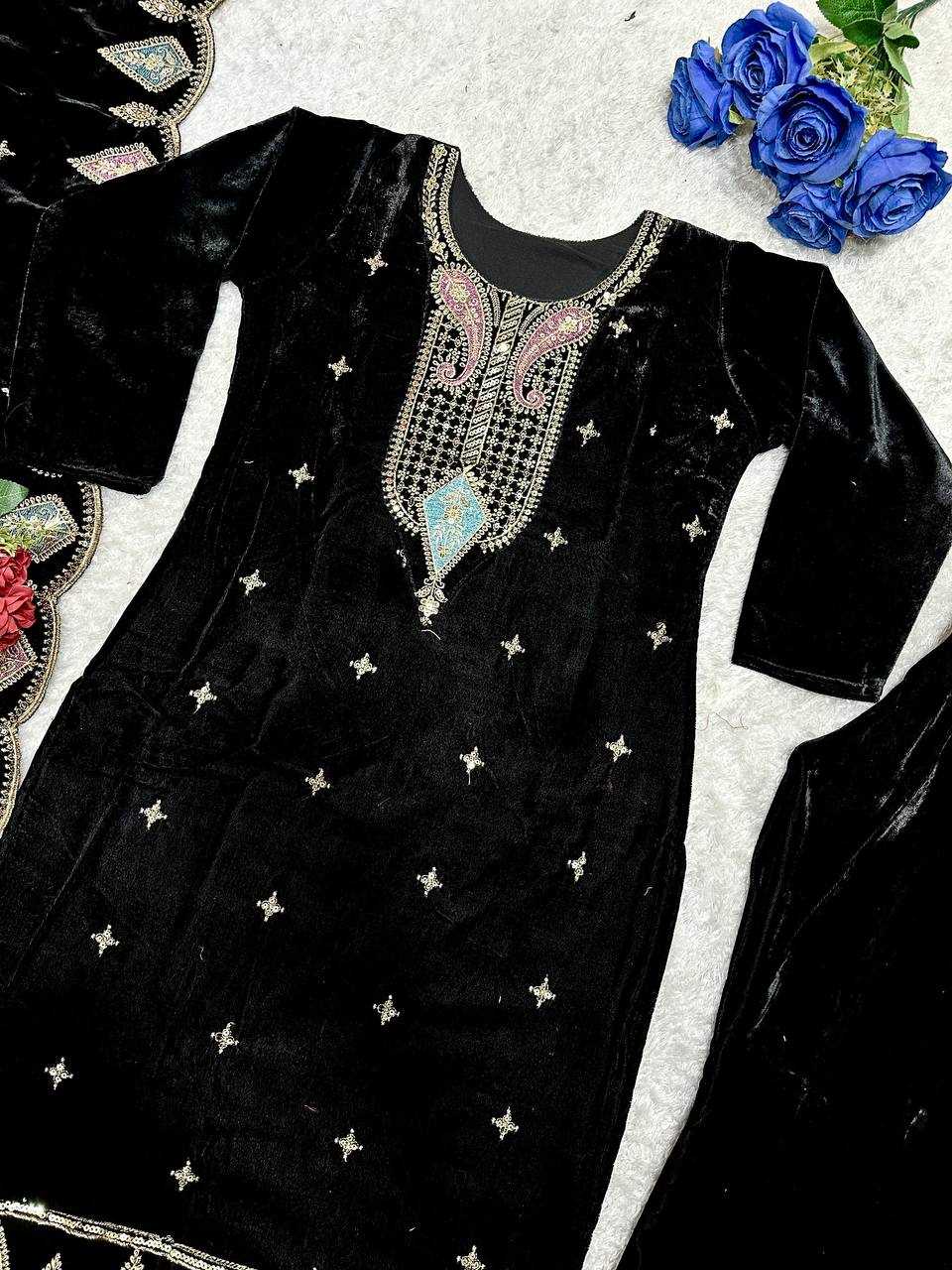 YNF VELVET KESH147 229 SUITS & DRESSES WHOLESALE VELVET EMBROIDERY BLACK SALWAR LONG KURTI SUITS MANUFACTURE - Deevit International