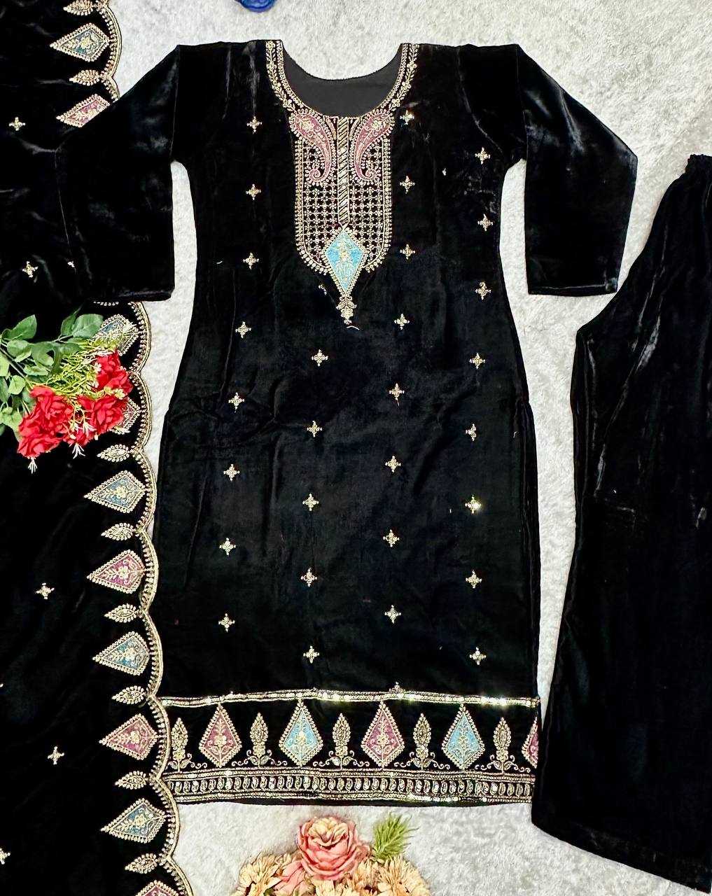 YNF VELVET KESH147 229 SUITS & DRESSES WHOLESALE VELVET EMBROIDERY BLACK SALWAR LONG KURTI SUITS MANUFACTURE - Deevit International