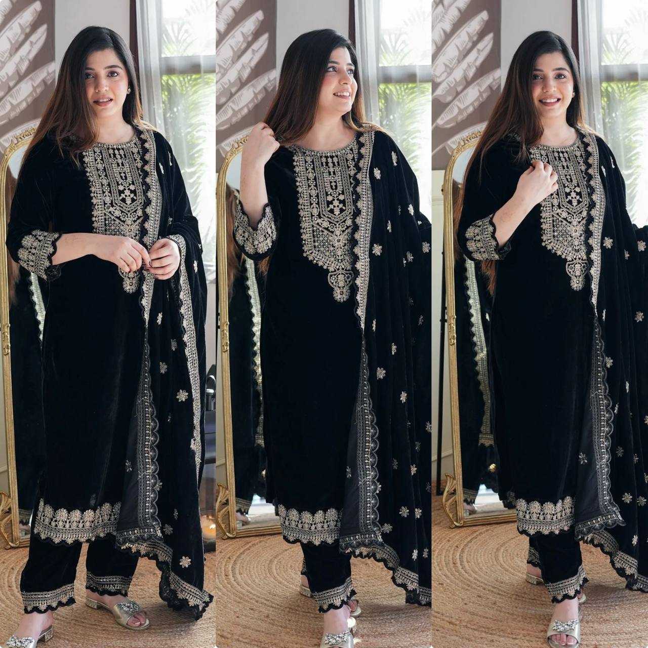 YNF VELVET KESH147 231 SUITS & DRESSES WHOLESALE EMBROPIDERY VELVET PARTY WEAR BLACK SUITS MANUFACTURE - Deevit International