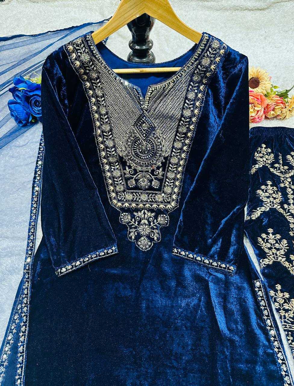 YNF VELVET KESH147 232 SUITS & DRESSES WHOLESALE EMBROPIDERY VELVET PARTY WEAR BLUE SUITS MANUFACTURE - Deevit International