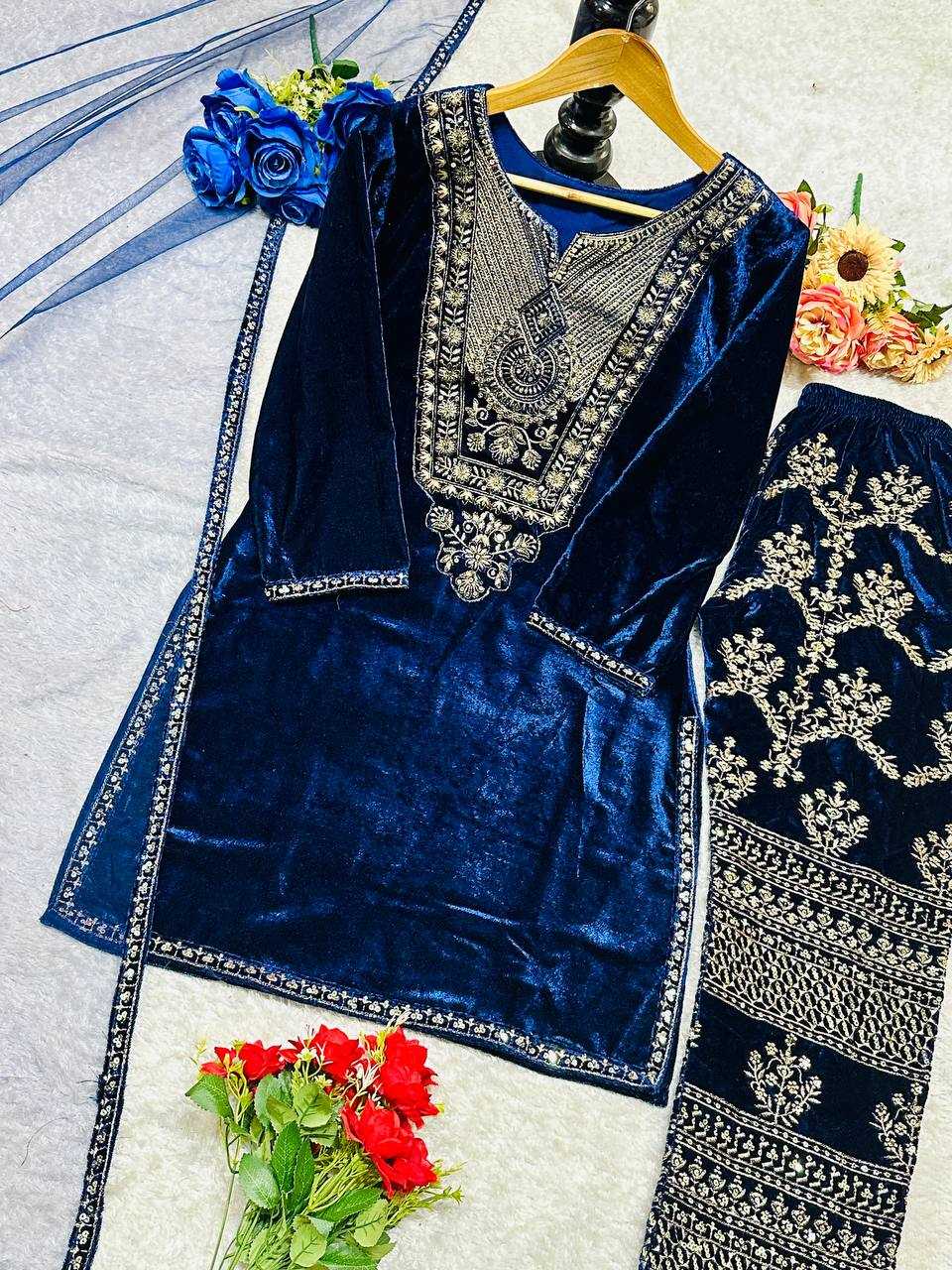 YNF VELVET KESH147 232 SUITS & DRESSES WHOLESALE EMBROPIDERY VELVET PARTY WEAR BLUE SUITS MANUFACTURE - Deevit International