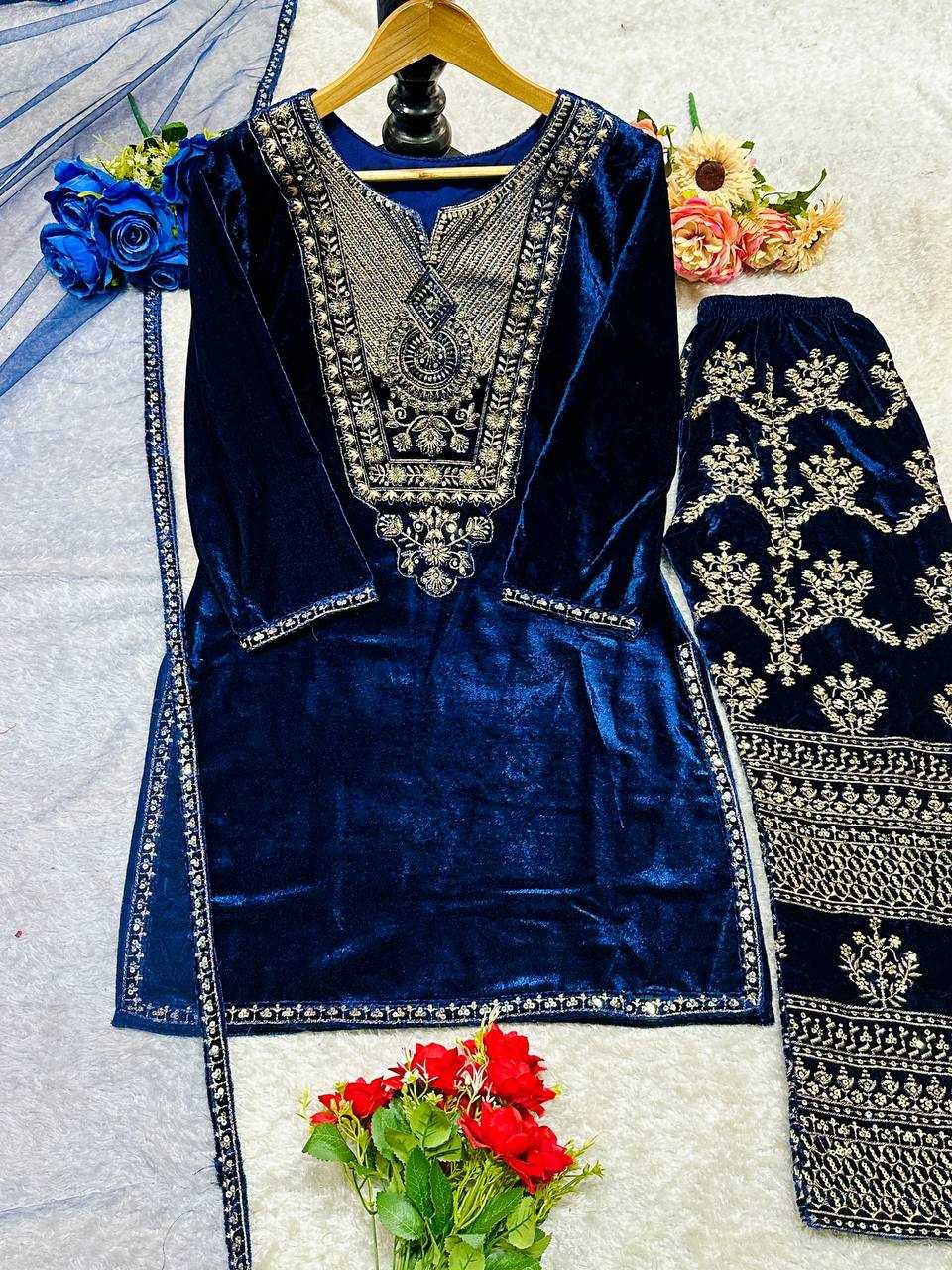 YNF VELVET KESH147 232 SUITS & DRESSES WHOLESALE EMBROPIDERY VELVET PARTY WEAR BLUE SUITS MANUFACTURE - Deevit International