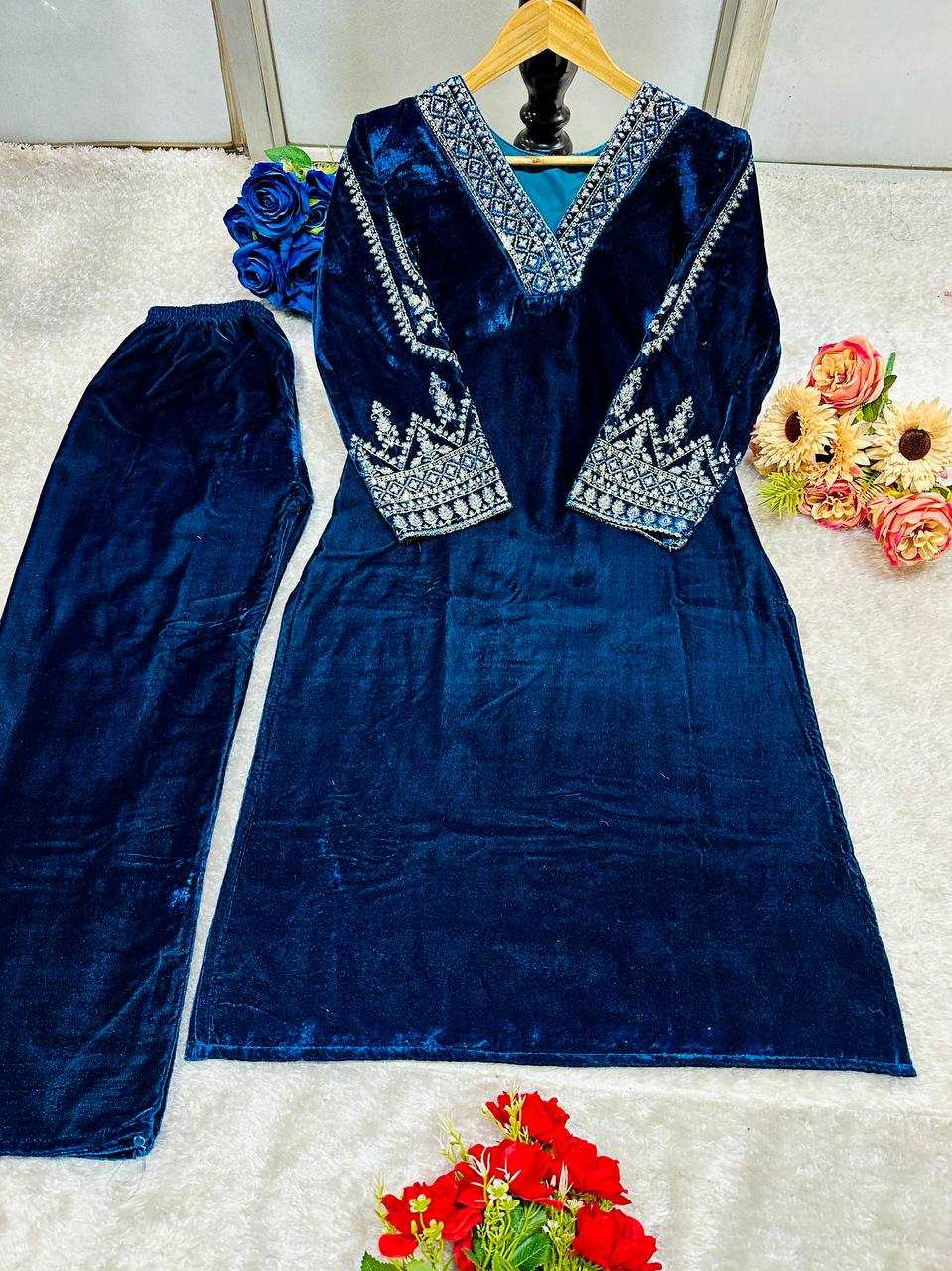 YNF VELVET KESH148 051 KURTIS WHOLESALE PARTY WEAR KURTI WITH BOTTOM EMBROIDERED V NECK KURTIS MANUFACTURER - Deevit International