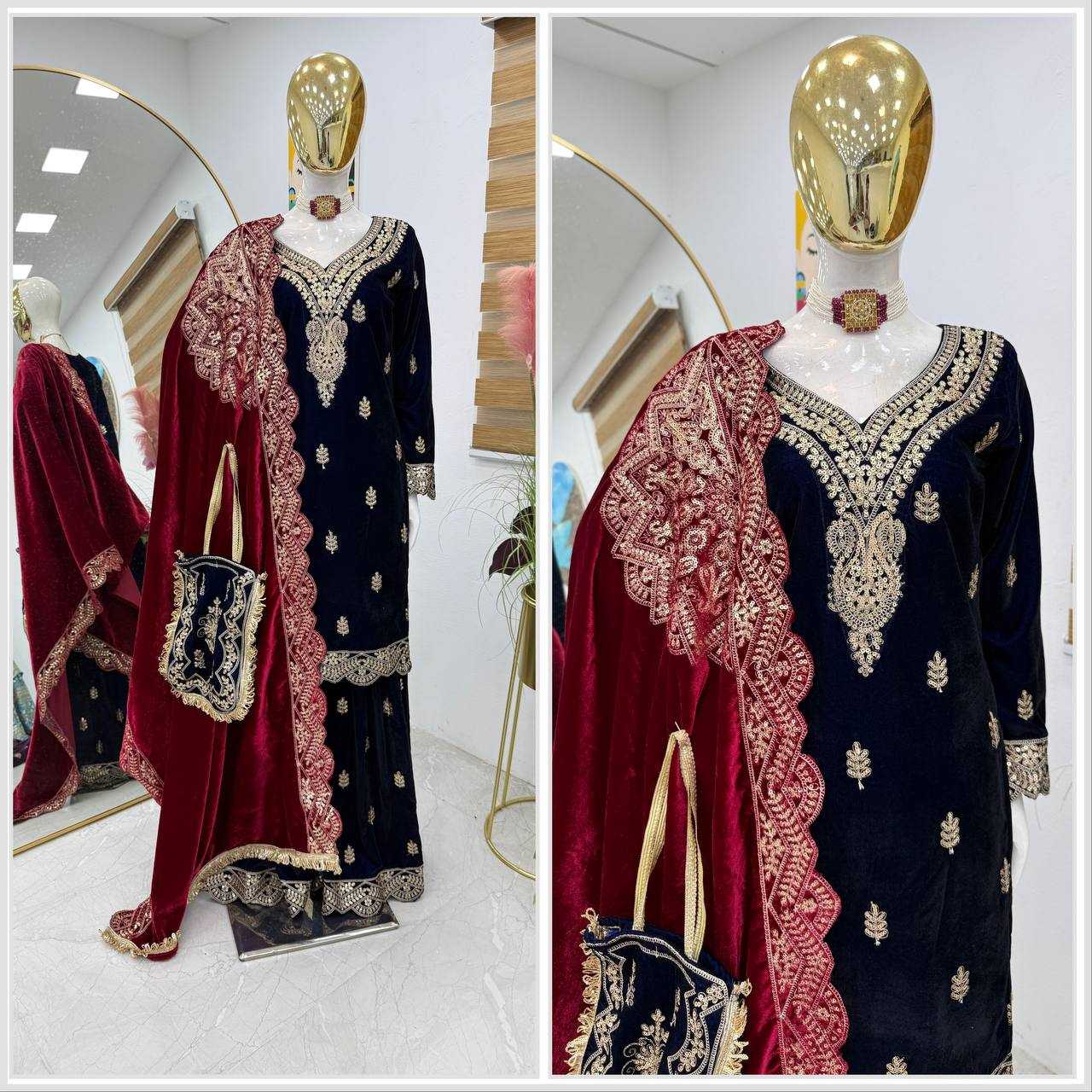 YNF VELVET KESH158 9001 SUITS & DRAESSES WHOLESALE EMBROIDEREY WEDDING SHARARA SALWAR VELVET SUITS MANUFACTURE - Deevit International