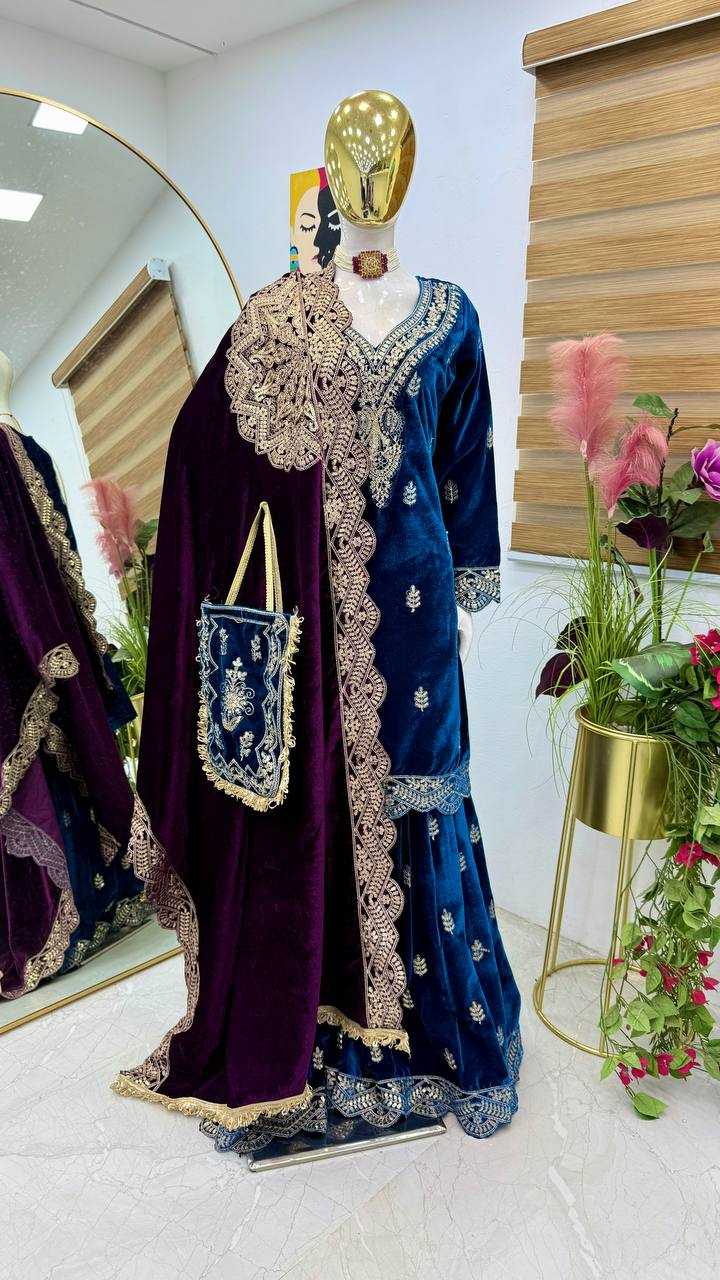 YNF VELVET KESH158 9001 SUITS & DRAESSES WHOLESALE EMBROIDEREY WEDDING SHARARA SALWAR VELVET SUITS MANUFACTURE - Deevit International