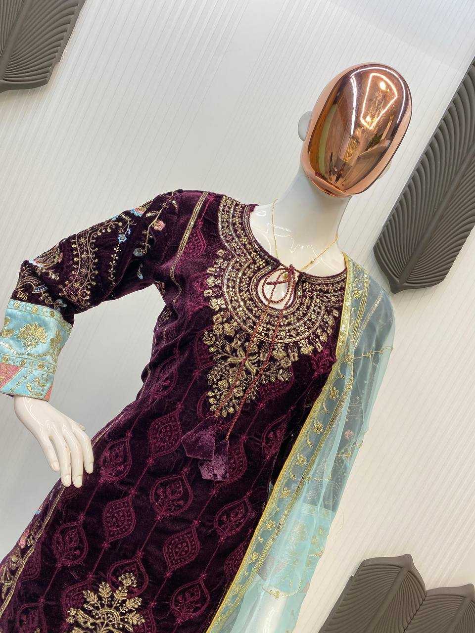 YNF VELVET RIN141 1889 SUITS & DRESSES WHOLESALE EMBROIDEREY PARTY WEAR LONG KURTI VELVET SUITS MANUFACTURE - Deevit International